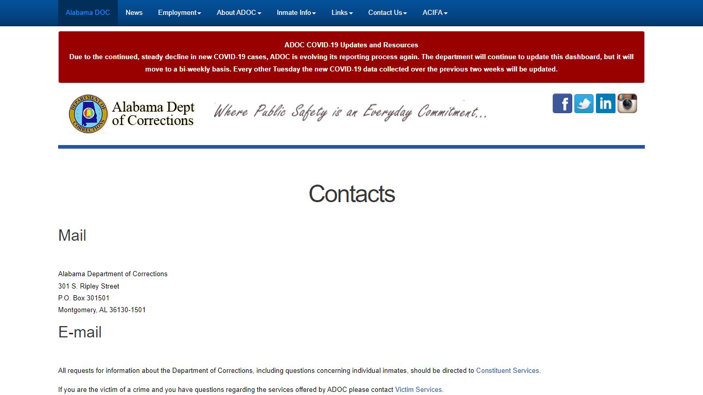 Contact - Alabama Dept of Corrections - Alabama Department of Corrections